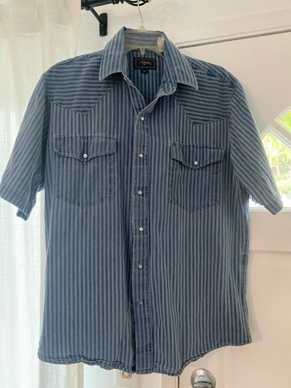 Roper Blue and White Vertical Stripe Short Sleeve Western Shirt